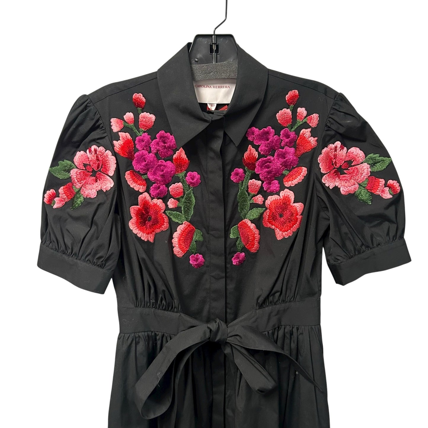 NWT Carolina Herrera Black Multi Floral Embroidered Shirt Dress w/ Tie Womens 2