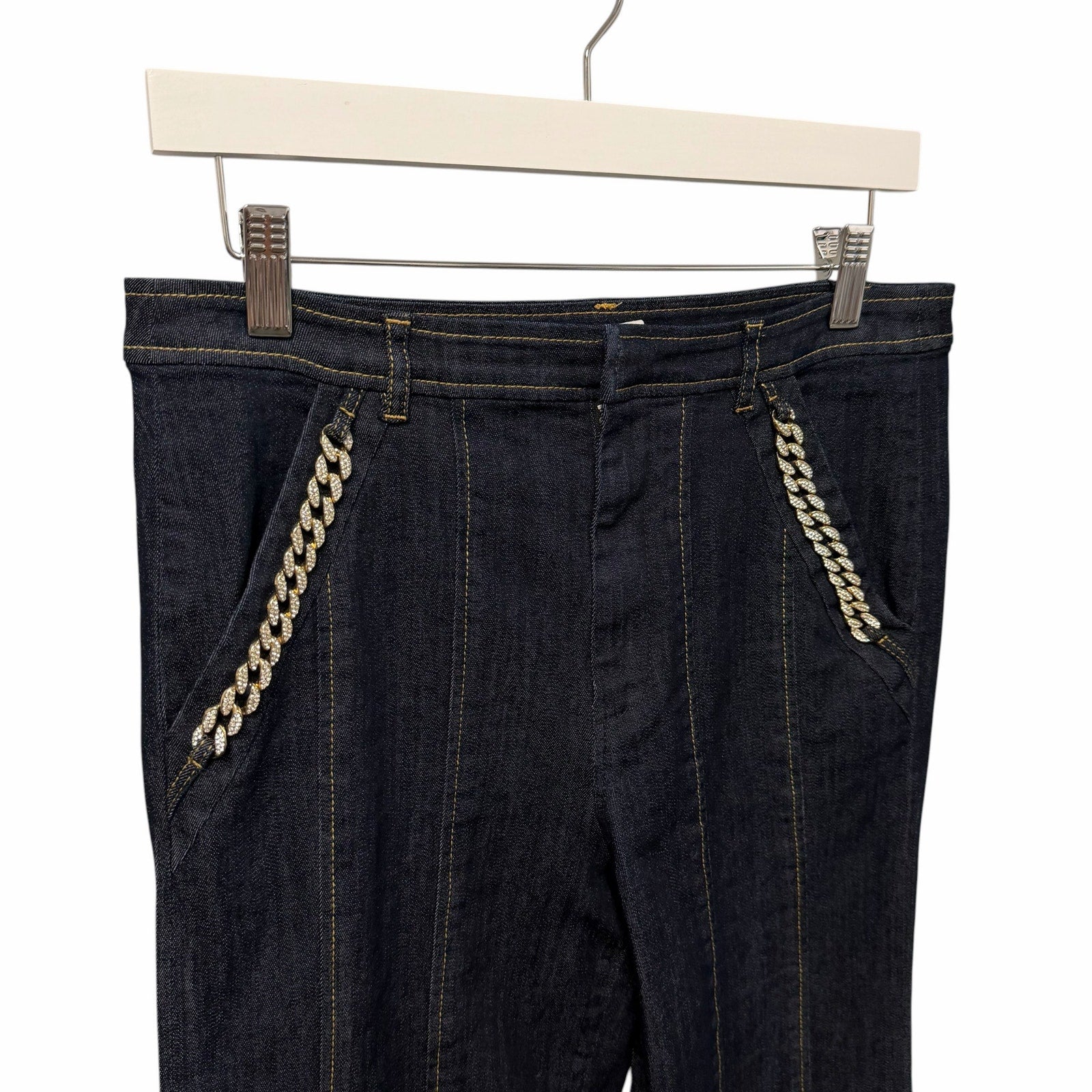 Cinq a Sept Crystal Chain Link Embellished Flared Boot Cut Jean Dark Wash Size 8