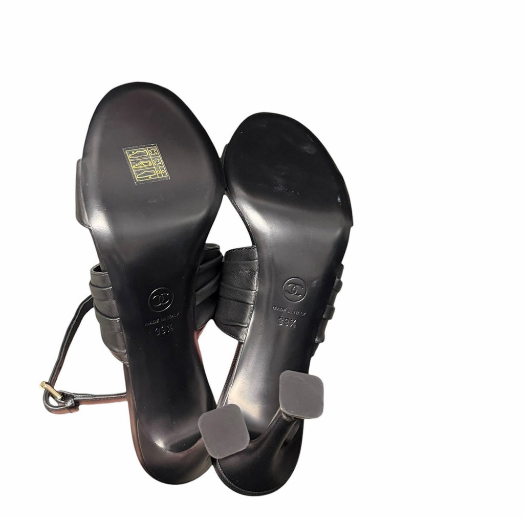 Chanel Black Leather Sandal Heel Gold CC Logo / Heel Caps Womens 39.5 / US 8.5