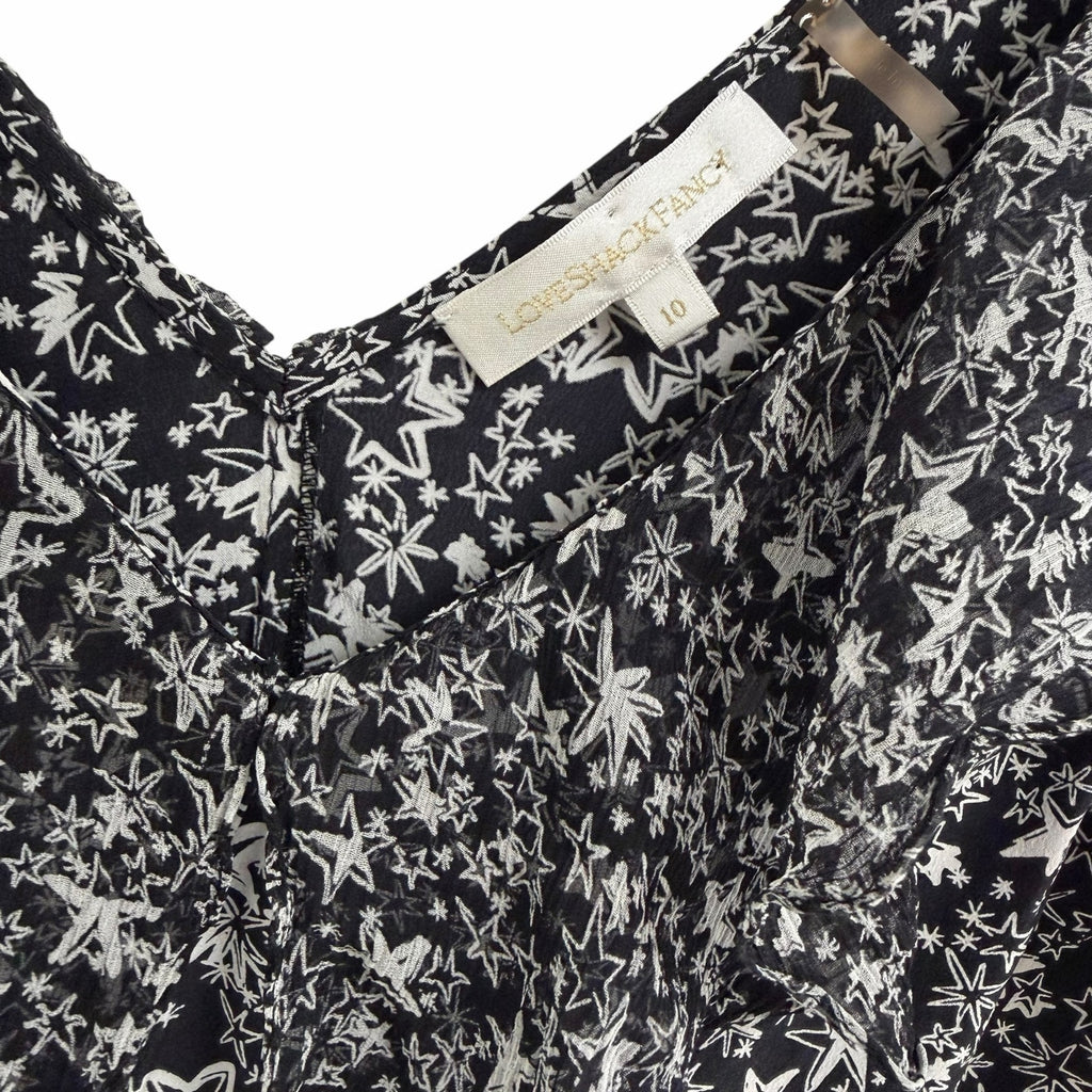 LoveShackFancy Pure Silk Black White Star Print Ruffled Mini Dress Womens 10