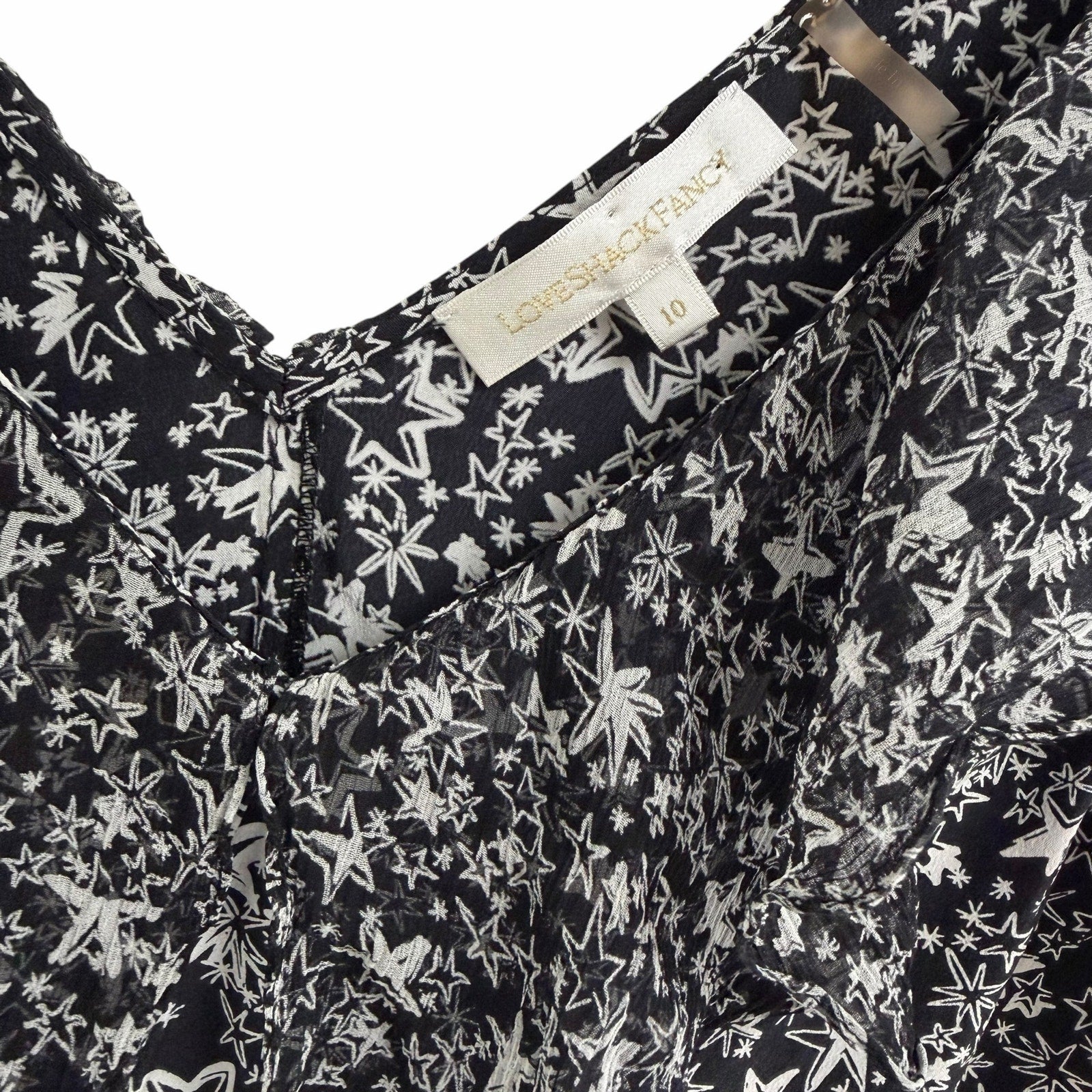 LoveShackFancy Pure Silk Black White Star Print Ruffled Mini Dress Womens 10