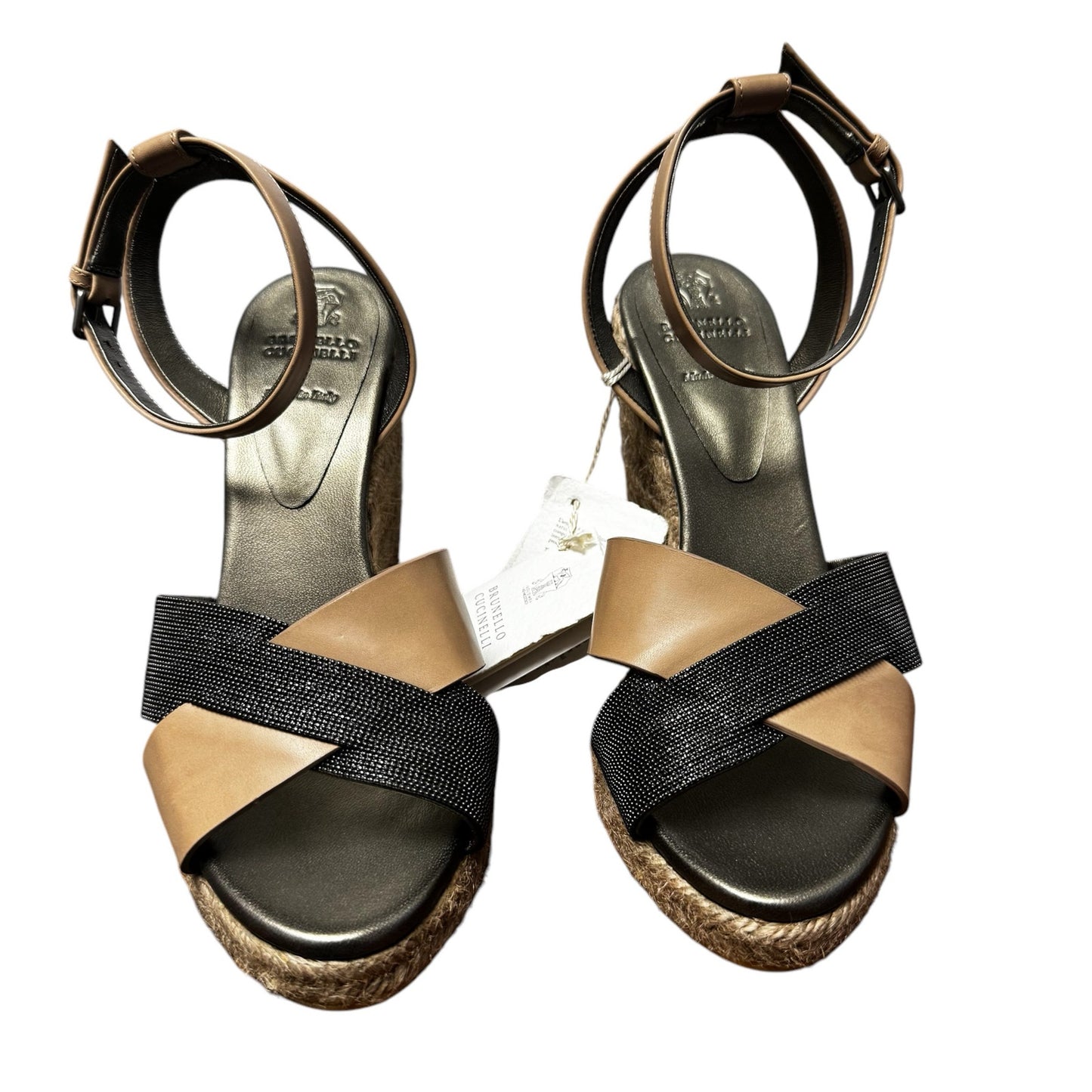 Brunello Cucinelli Tan Black Leather Espedrille Wedge Sandals Womens 9