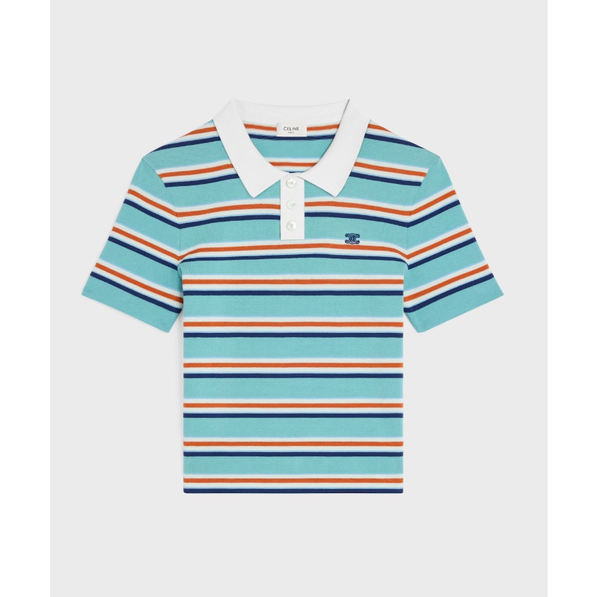 Celine Paris Sky Blue Striped Short Sleeve Cotton Polo Sweater Womens Small