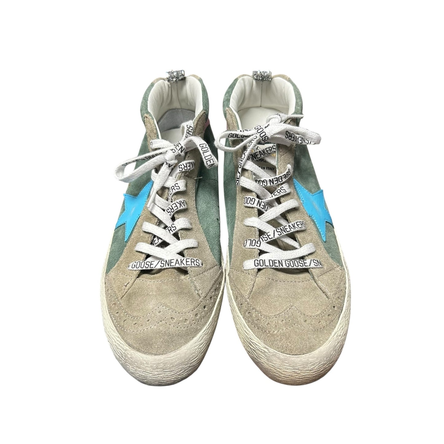 Golden Goose Mid Star Green Tan Suede Blue Star Lace Up Sneakers Womens 39 / 9