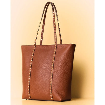 Valentino Garavani Brown Gold Signature Rockstud North-South Leather Tote Bag