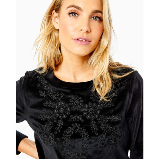 Lilly Pulitzer Onyx Black Embroidered Rami Velour Sweatshirt Womens Small