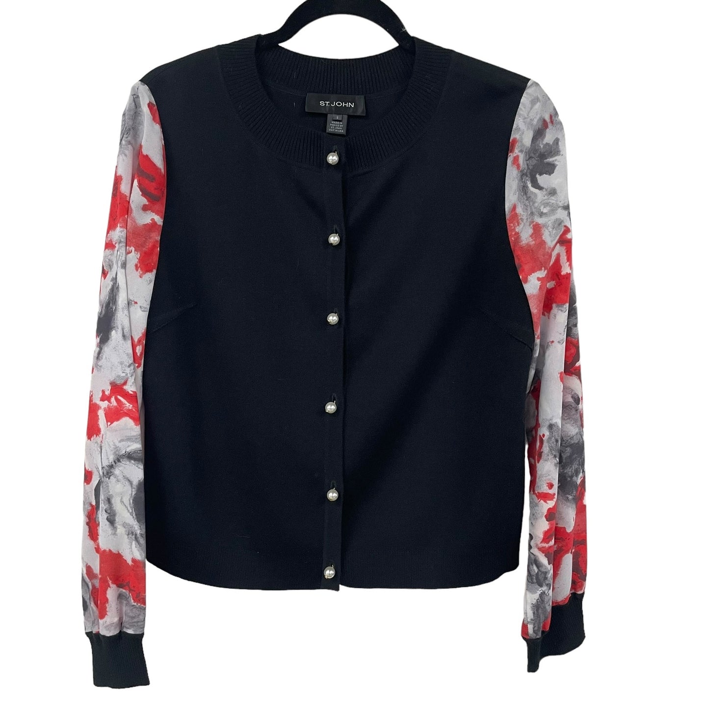St. John Knit Pearl Button Front Floral Silk Sleeve Cardigan Sweater Small