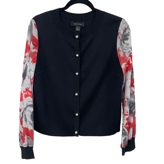 St. John Knit Pearl Button Front Floral Silk Sleeve Cardigan Sweater Small