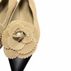 Chanel Beige Black Suede Leather Pointed Toe Flower Applique Flat Size 39 / US 8