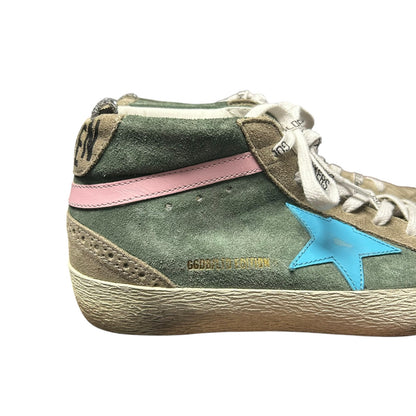 Golden Goose Mid Star Green Tan Suede Blue Star Lace Up Sneakers Womens 39 / 9