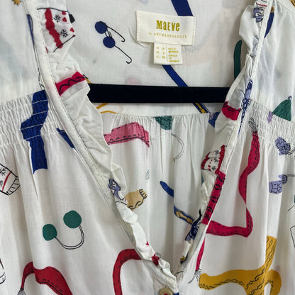 Anthropologie Maeve Snow Day Ski Winter Theme Print Button Up Top Womens Size 6