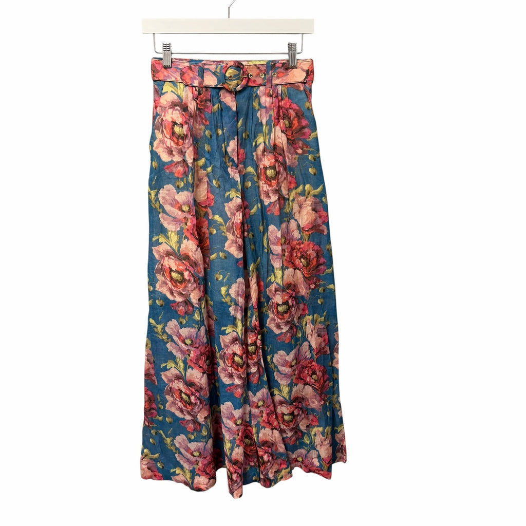 Zimmermann Floral High Rise Wide Leg Ramie Pants Belted Teal Pink AU 0 / US 4