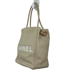 Chanel Beige Leather White Flower Camellia Double Handle Tote Shoulder Bag