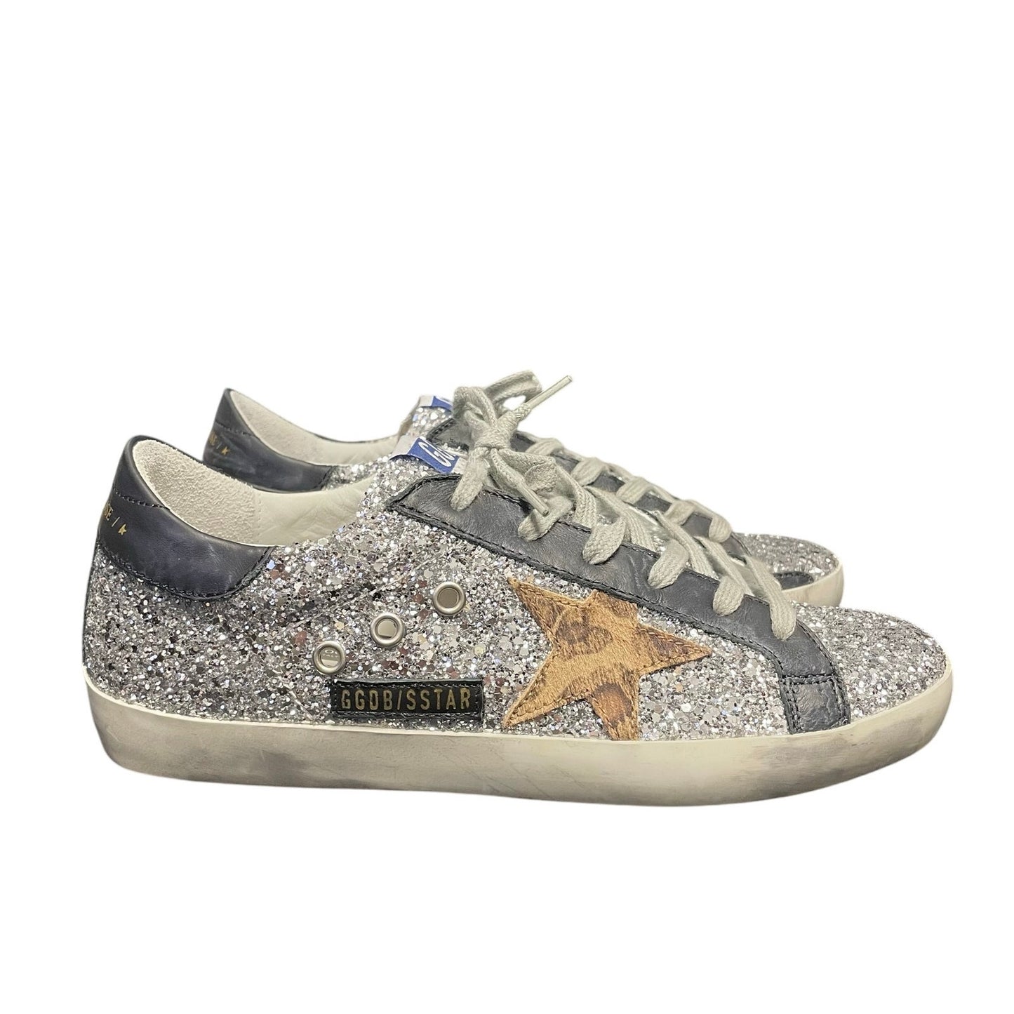 Golden Goose Superstar Silver Glitter Animal Print Star Sneakers Size 39 / US 9