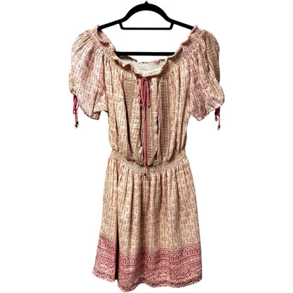 Alicia Bell Pink Ivory Short Puff Sleeve Smocked Cotton Mini Dress Womens Small