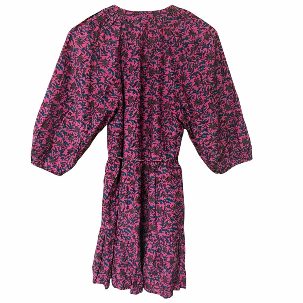 Apiece Apart Palm Floral Mini Mitte Dress Fuchsia Multi Puff Sleeves Size Small