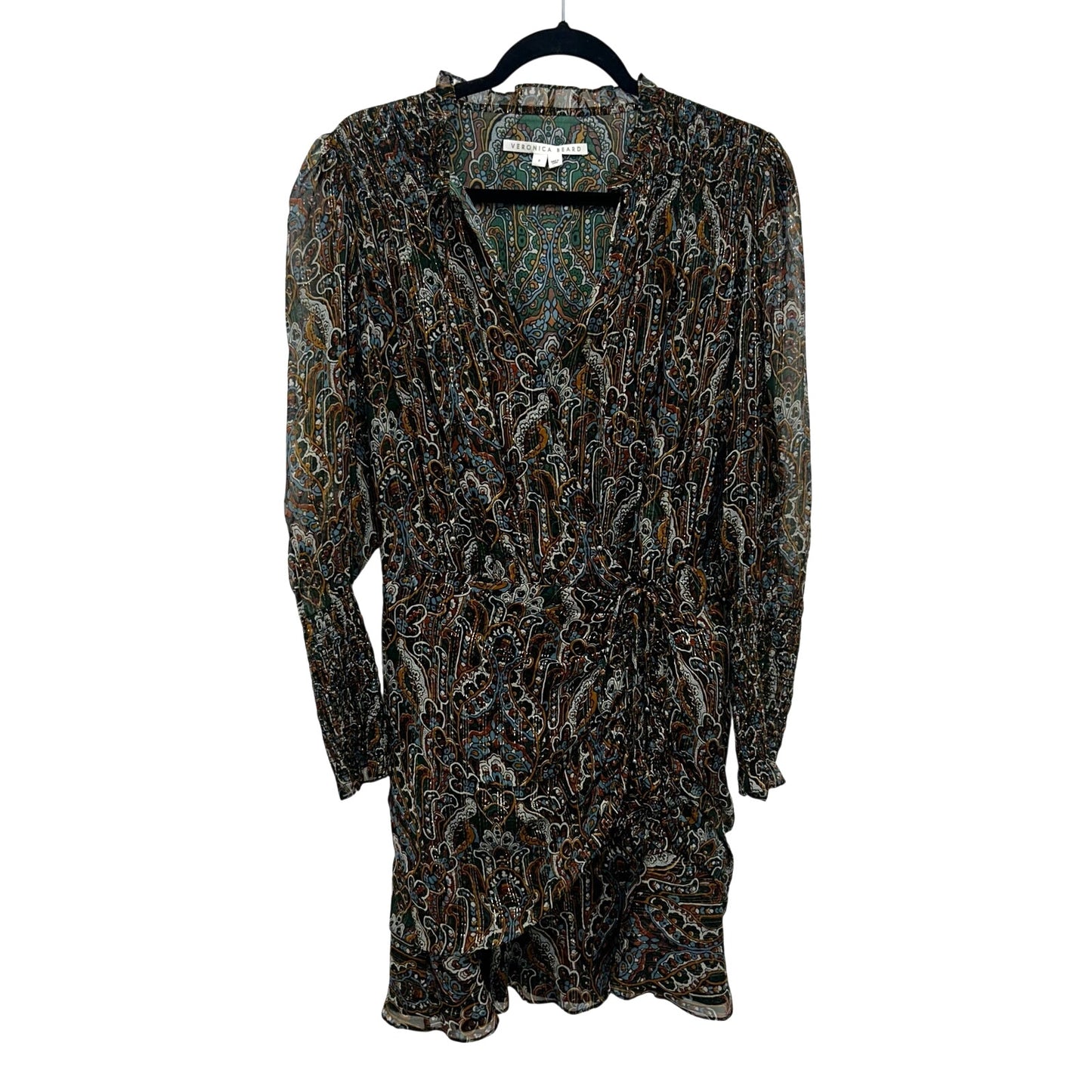 Veronica Beard Silk Metallic Blend Green Multi Paisley Print Mini Dress Womens 8
