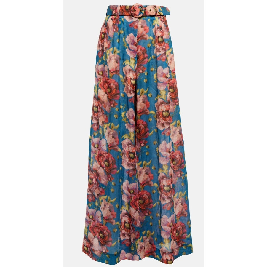 Zimmermann Floral High Rise Wide Leg Ramie Pants Belted Teal Pink AU 0 / US 4
