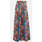 Zimmermann Floral High Rise Wide Leg Ramie Pants Belted Teal Pink AU 0 / US 4