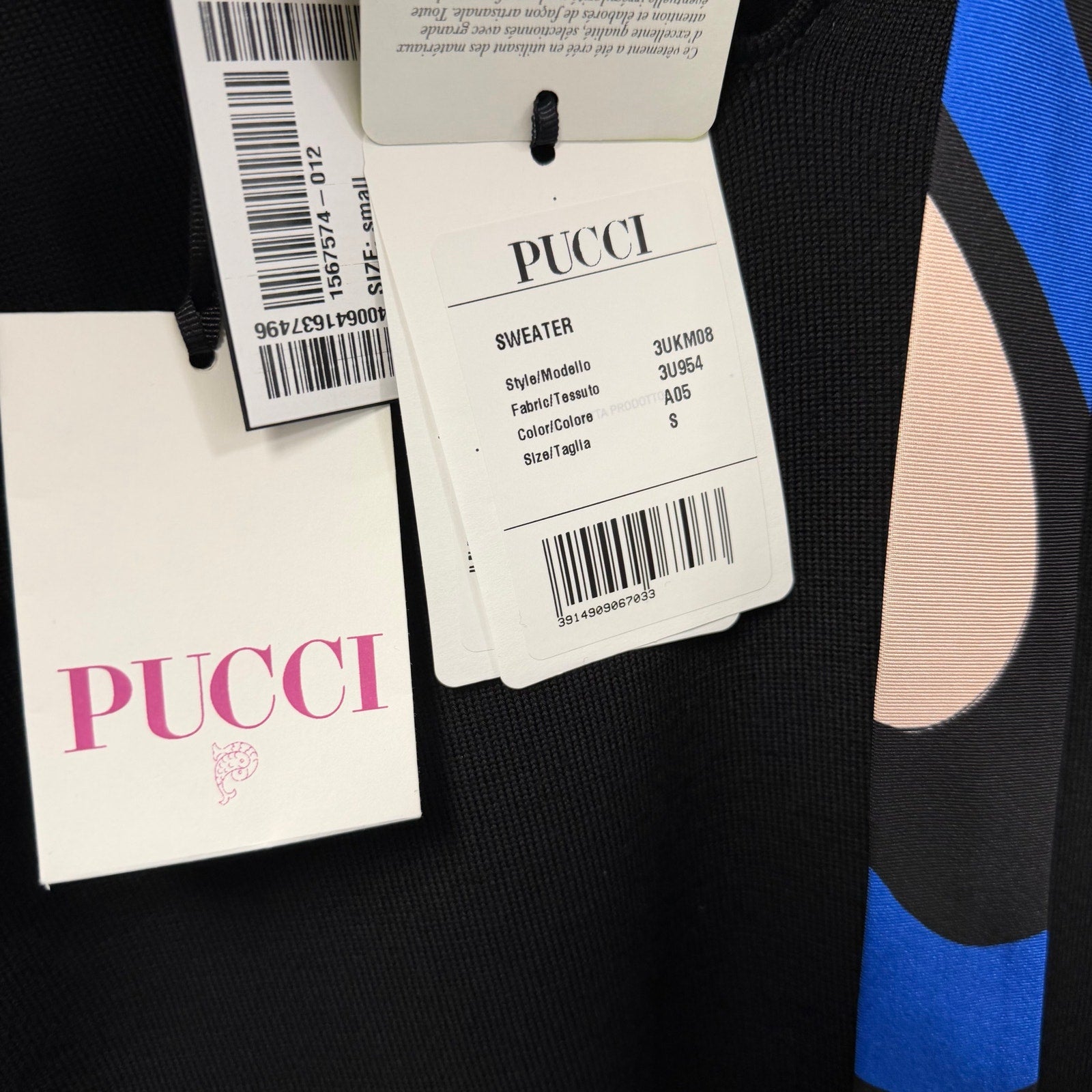 NWT Emilio Pucci Marmo Silk Collar Wool Jumper Sweater Black Tie Back Size Small