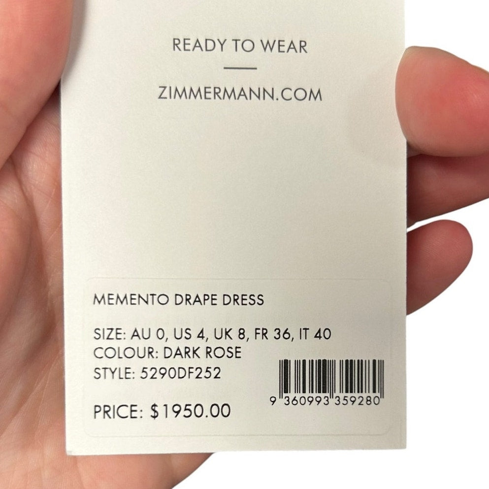 NWT Zimmermann Dark Rose Memento Cap Sleeve Drape Maxi Dress Womens AU 0 / US 4