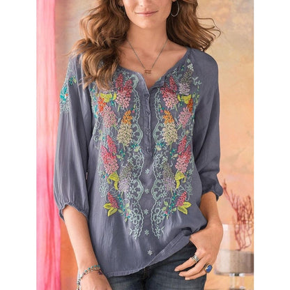 Johnny Was Gray Multicolor Floral Print 3/4 Sleeve Button Front Top Womens Small