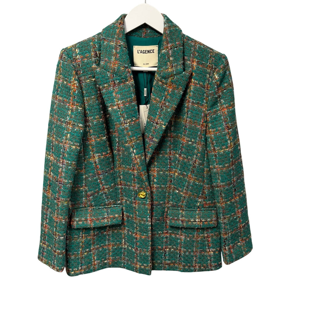 NWT L'Agence Gweny Relaxed Blazer Jacket Green Windowpane Tweed Womens 2
