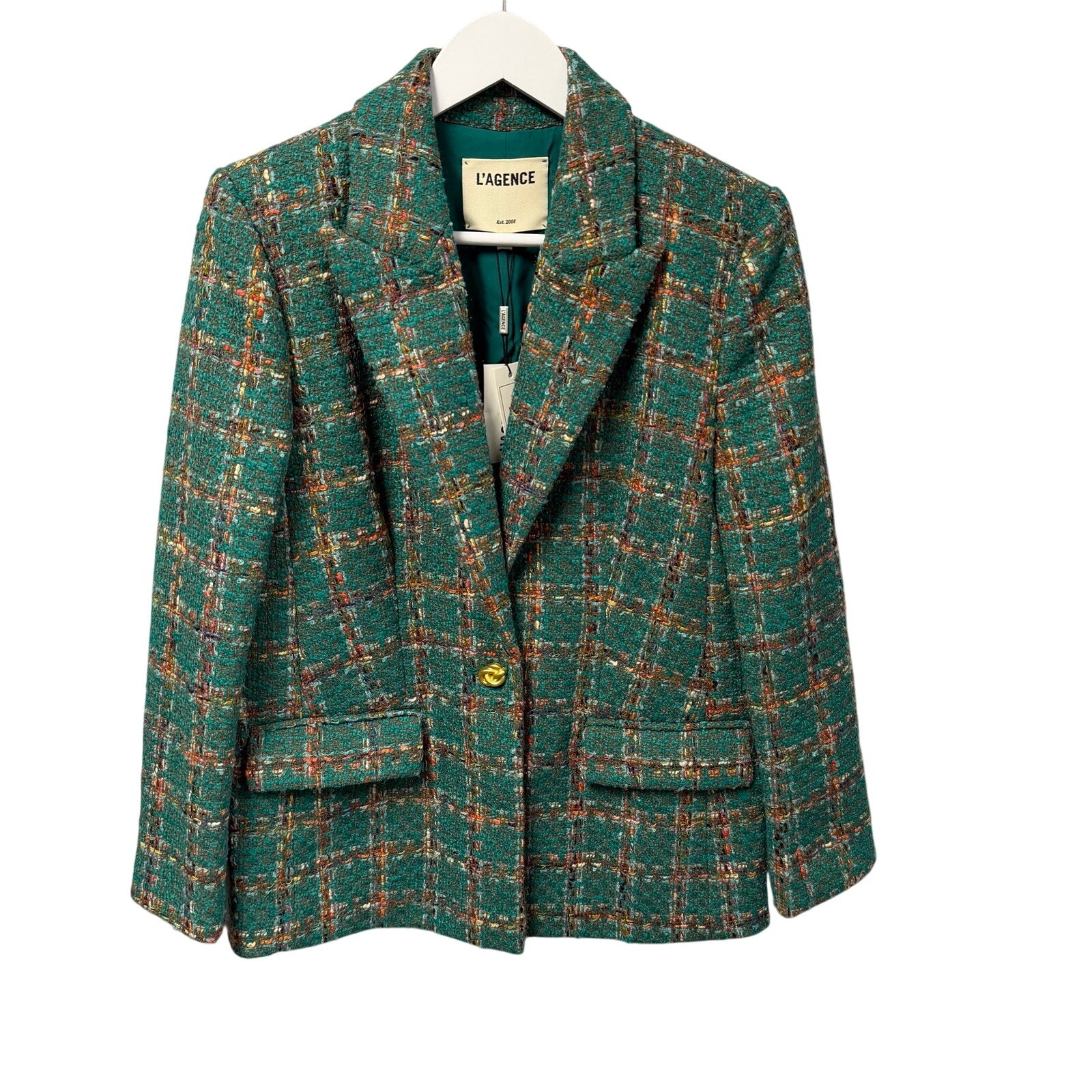 NWT L'Agence Gweny Relaxed Blazer Jacket Green Windowpane Tweed Womens 2