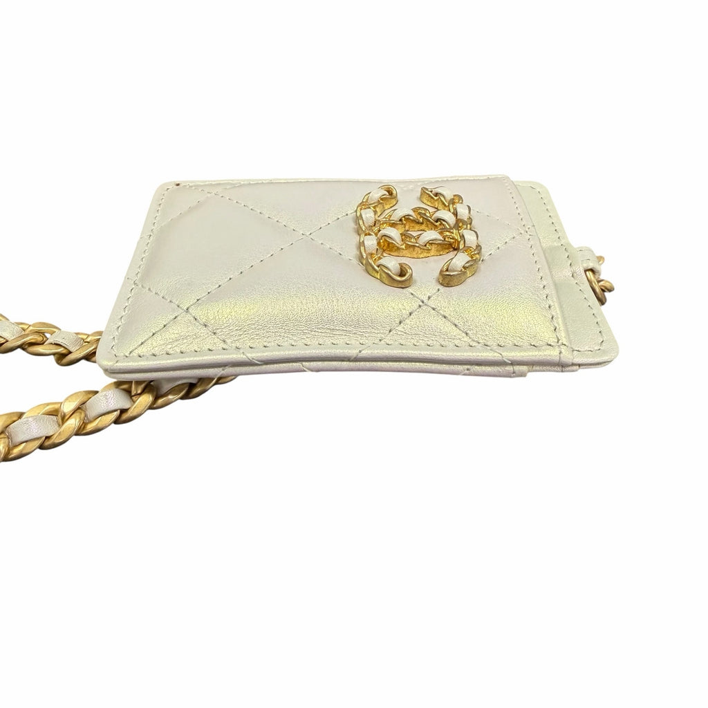 Chanel Quilted Iridescent Calfskin Card Holder On Chain White Luxury Designer