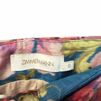 Zimmermann Floral High Rise Wide Leg Ramie Pants Belted Teal Pink AU 0 / US 4