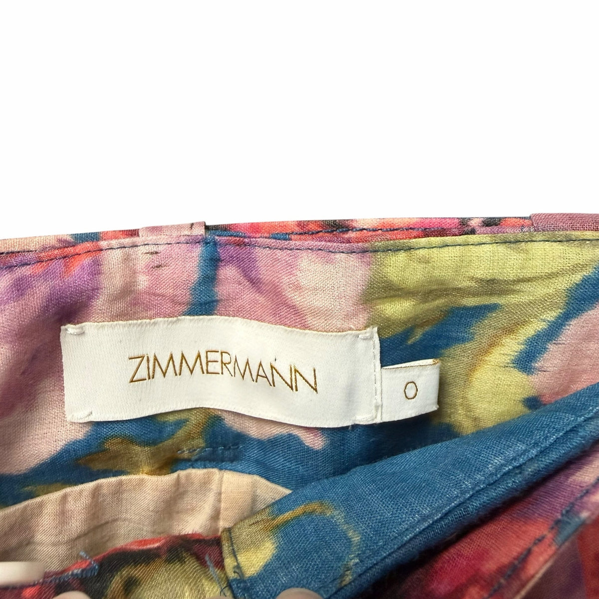 Zimmermann Floral High Rise Wide Leg Ramie Pants Belted Teal Pink AU 0 / US 4