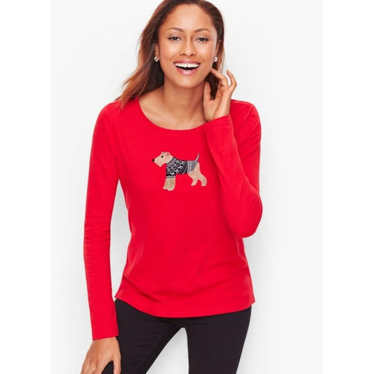 Talbots Winter Dog Red Long Sleeve Cotton Crewneck Tee Womens Petite Medium