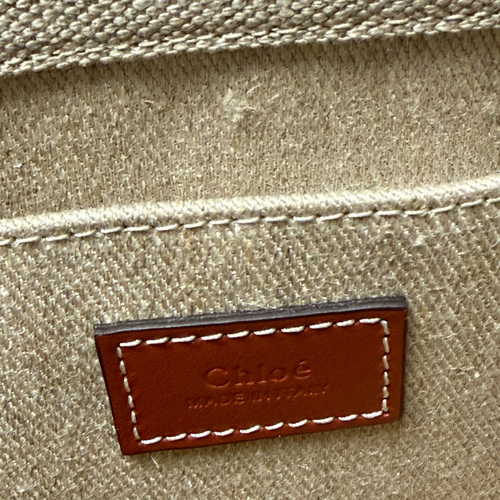 NWT Chloe Woody Small Logo Tote Canvas Linen Leather Shouler Strap White Brown