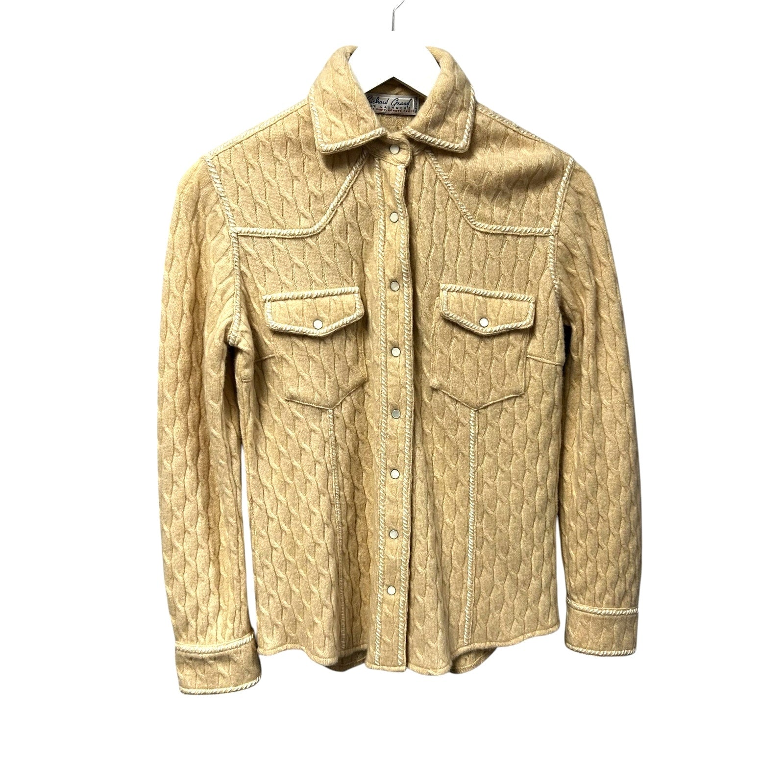 NWT Richard Grand Tan 100% Cashmere Cable Knit Snap Button Shirt Womens Small