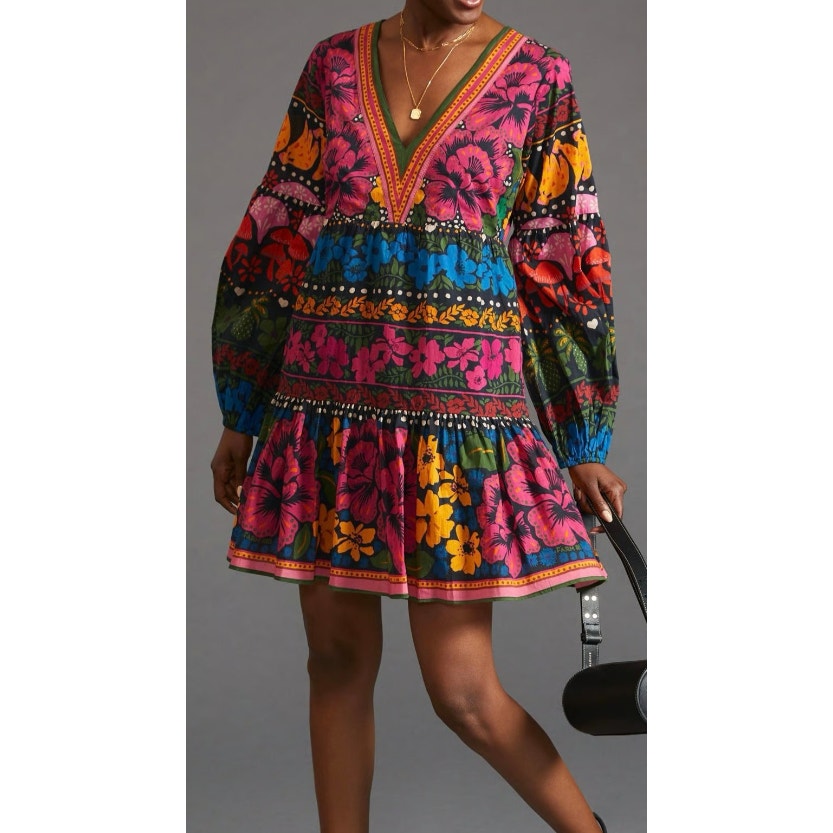 Farm Rio for Anthropologie Bright Floral Puff Sleeve Mini Dress Womens Medium