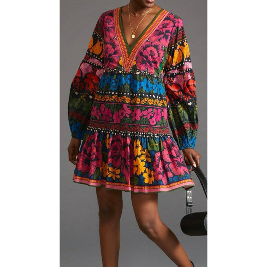 Farm Rio for Anthropologie Bright Floral Puff Sleeve Mini Dress Womens Medium
