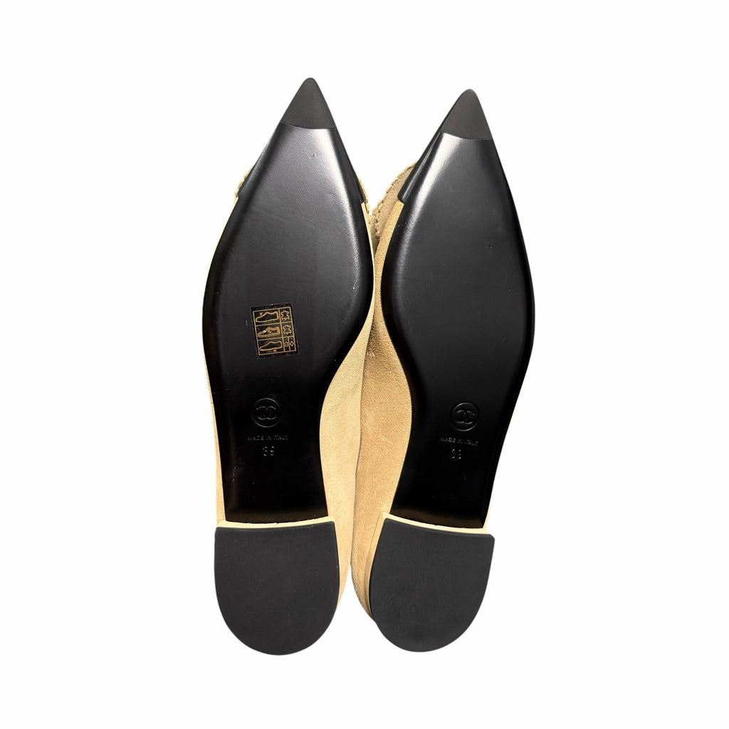 Chanel Beige Black Suede Leather Pointed Toe Flower Applique Flat Size 39 / US 8