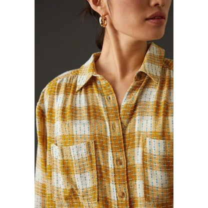 Pilcro Yellow Plaid Blue Stitched Button Down Shirt Womens Size Petite Medium
