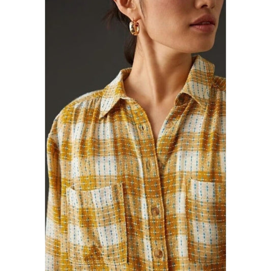 Pilcro Yellow Plaid Blue Stitched Button Down Shirt Womens Size Petite Medium