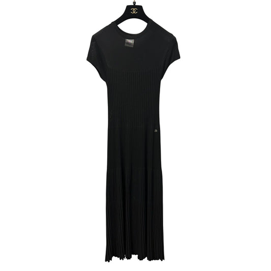 Chanel Black Wool Silk Blend Ribbed Knit Short Sleeve Maxi Dress Womens 36 / 00