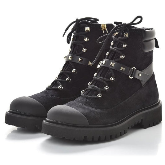 Valentino Garavani Suede Rockstud Cap Toe Combat Boots Black Gold 39.5 / US 9.5
