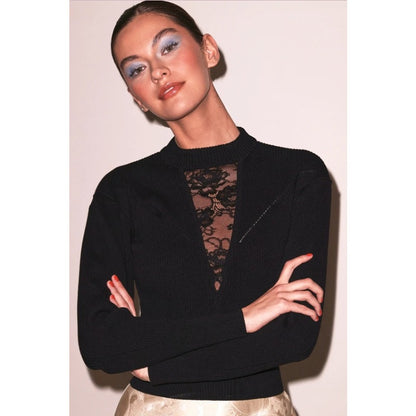 Fleur Du Mal Juliet Lace Insert Cropped Knit Sweater Black Womens Medium