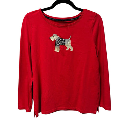Talbots Winter Dog Red Long Sleeve Cotton Crewneck Tee Womens Petite Medium