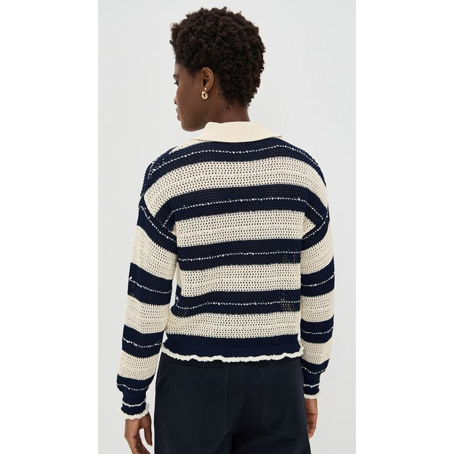 NWT Tanya Taylor Ivory Navy Long Sleeve Quinn Cotton Knit Sweater Womens X-Small
