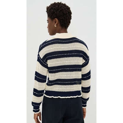 NWT Tanya Taylor Ivory Navy Long Sleeve Quinn Cotton Knit Sweater Womens X-Small
