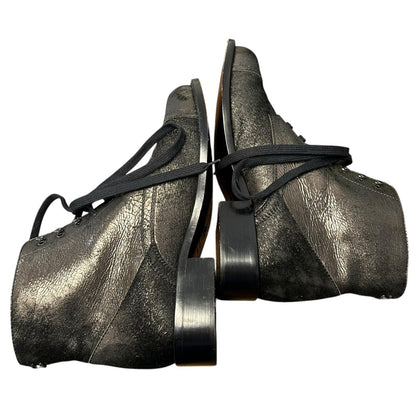 Chanel Dark Grey Metallic Lace Up Leather Short Boots Womens 39.5 / US 9.5