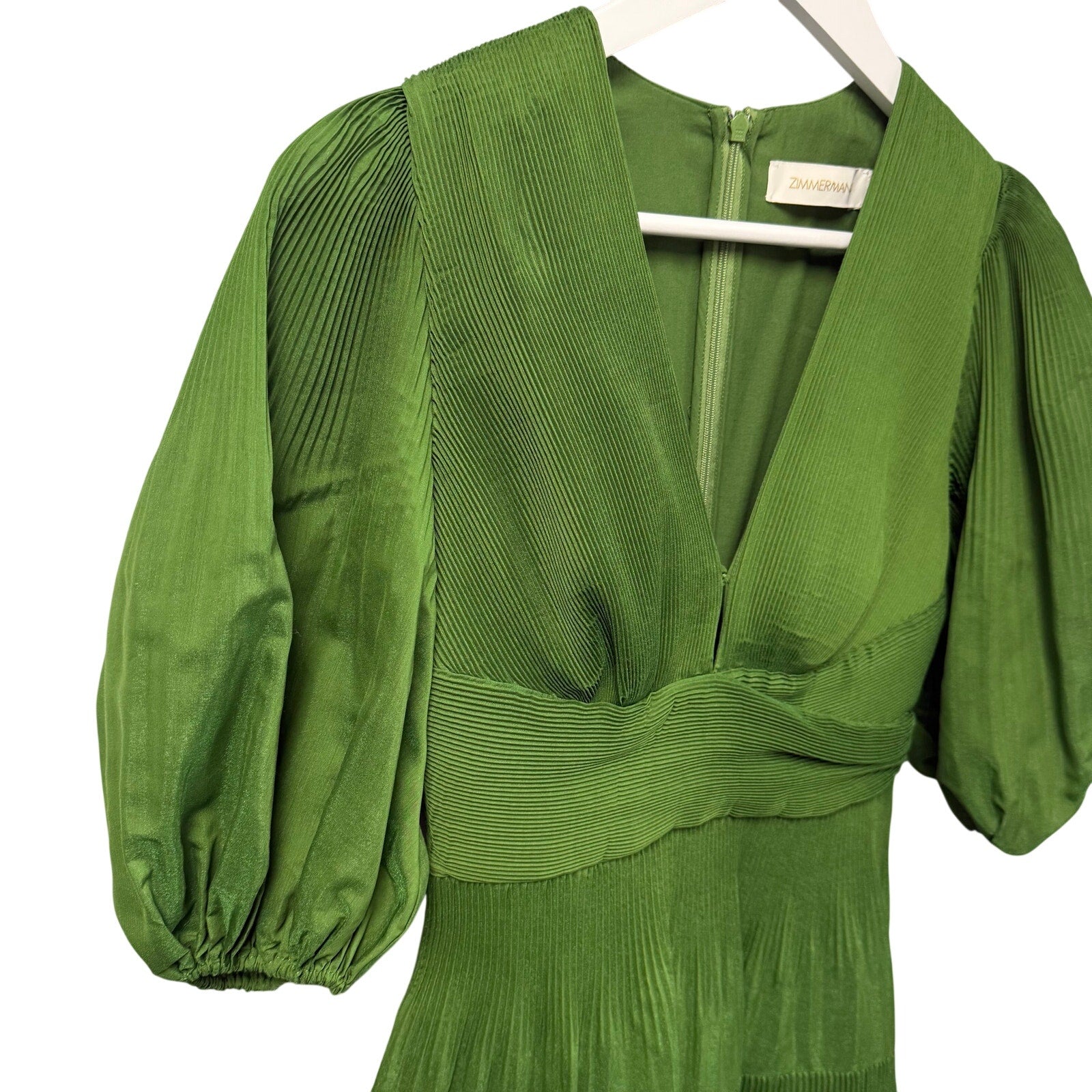 Zimmermann Pleated Tiered Twill Midi Dress Green Womens AU 0 / US 4