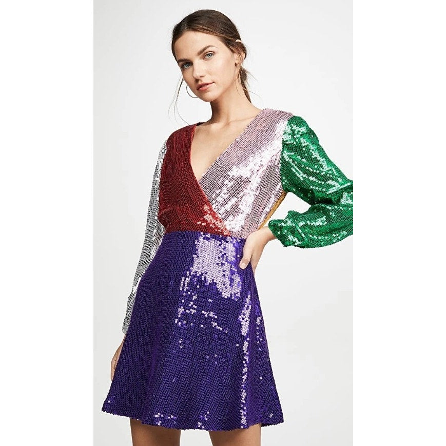 NWT Alice + Olivia Blaze Mini Dress Sequin Colorblock Multi Long Sleeve Size 0