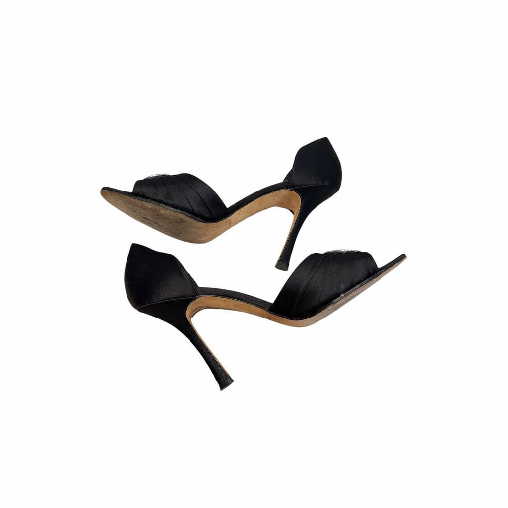 Manolo Blahnik Black Satin Jeweled Sedaraby Heels Crystal Buckle Size 38 / US 8
