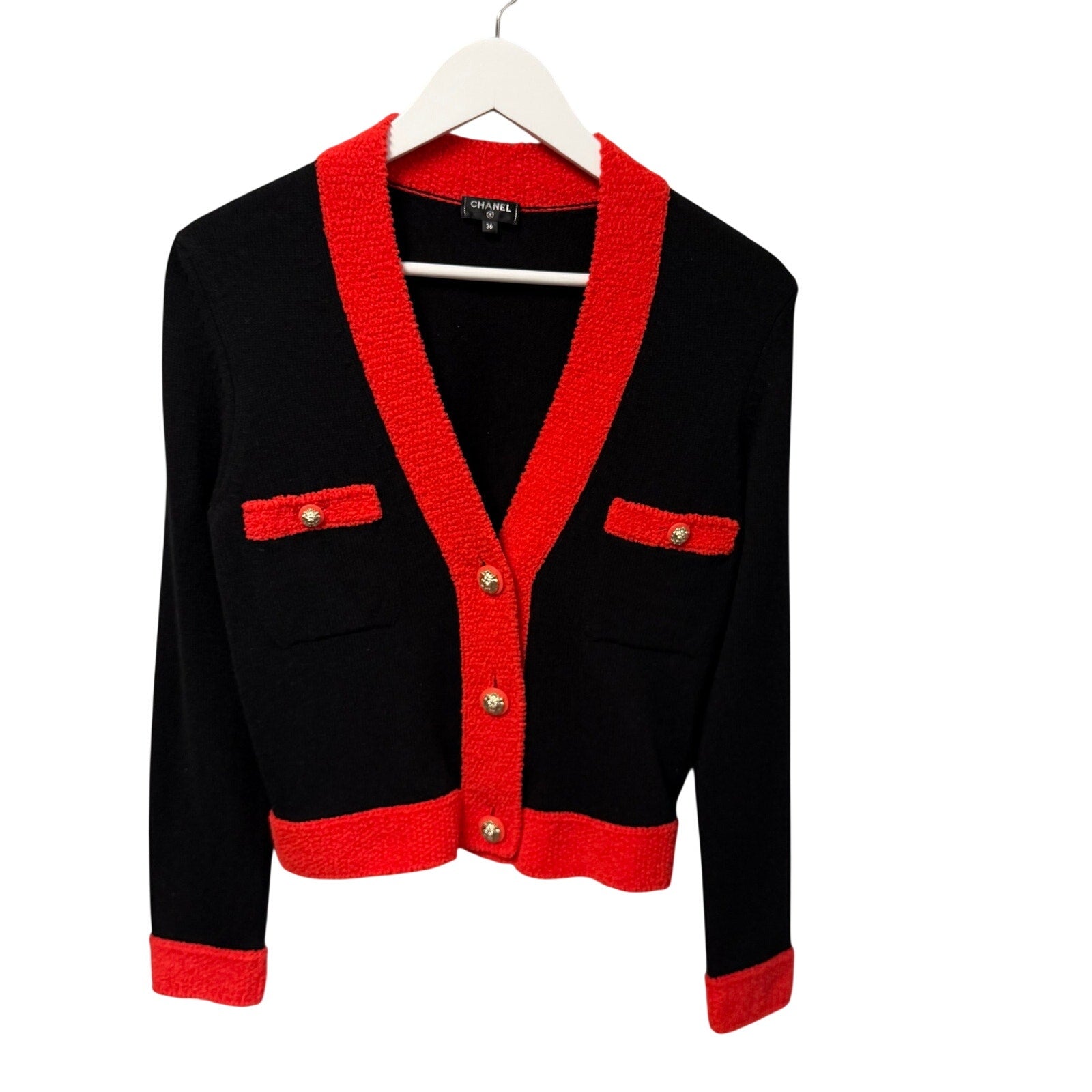 Chanel 2019 Cashmere Wool Button Up Cardigan Black Red Lion Buttons FR 36 / US 4